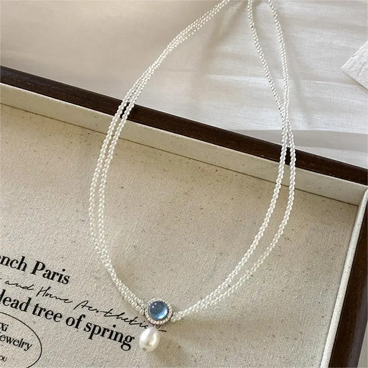 Natural Aquamarine Pearl Necklace For Women 2024 New Clavicle Double Layer Chain Pendant Jewelry Gift