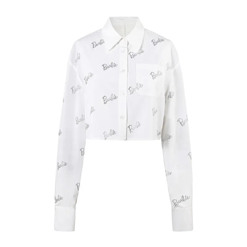 

Barbie Original Shirts Feminine Blouse Top Long Sleeve Casual White Turn-Down Collar Printed Ironing Short Sleeved Shirt Tops