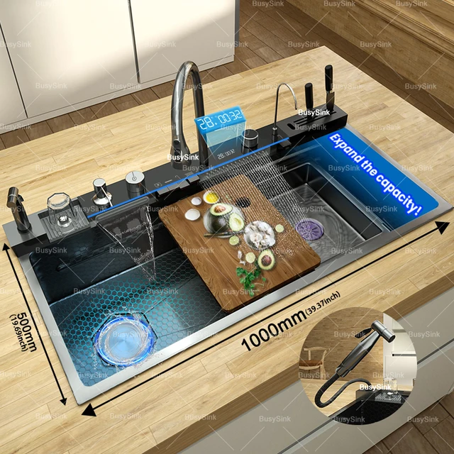 อ่างล้างจานสแตนเลสน้ําตกล้างผักอ่างล้างหน้าอัจฉริยะดิจิตอลจอแสดงผลก๊อกน้ําล้างจานชามขนาดใหญ่ช่องเดียว 2