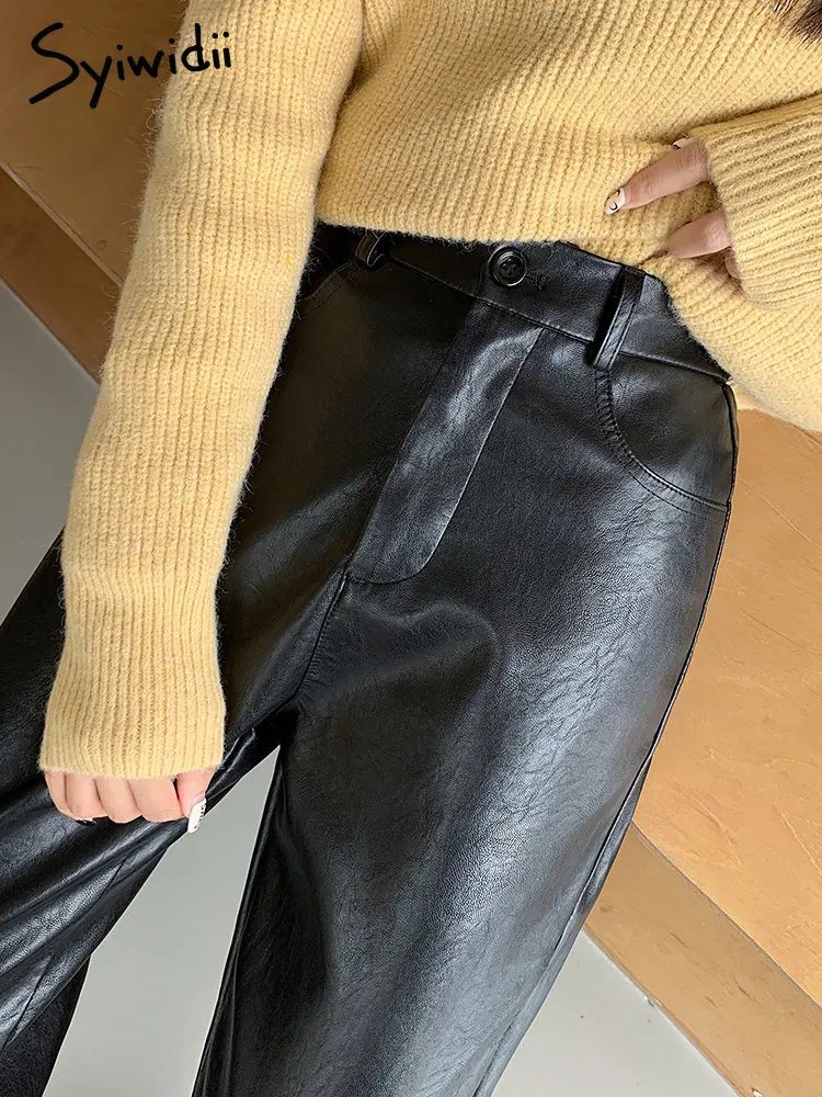 Syiwidii Burgundy Leather Pants Women Wide Leg Trousers Korean Style Y2k  Fashion Loose Pants High Waisted Black Pu Baggy Pants