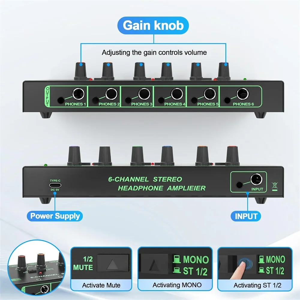 6 Channels Headphone Amplifier Independent Volume Control Compact Mini Earphone Splitter Stereo/Mono Switch for Studio Stage