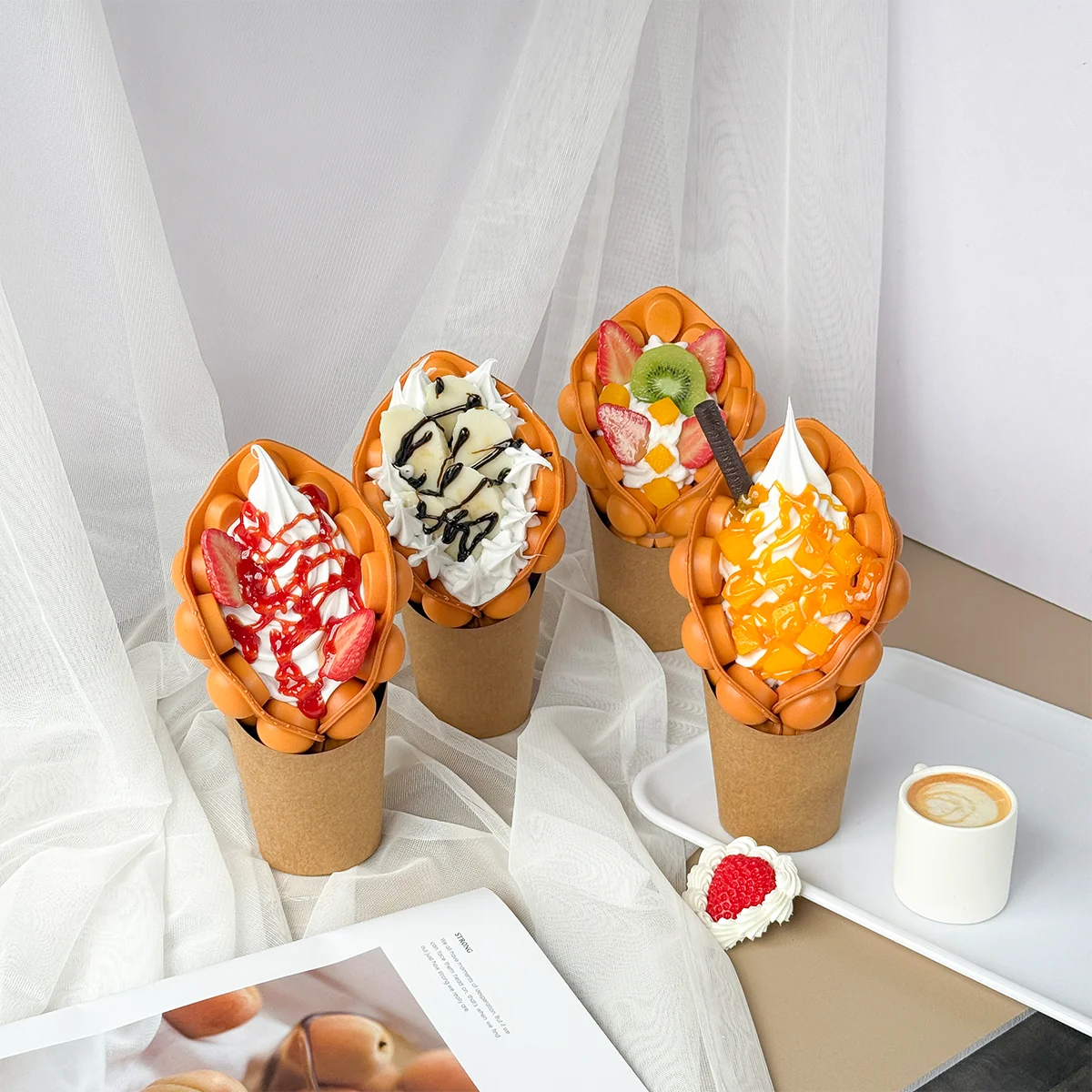 Fake Food Simulation Props Sample Display Egg Chocolate Bubble Waffle Porp Ice Cream Colorful Raspberry Lifelike Hongkong Lotus