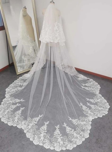 Janes Dress Studio 2 Layers Sequins Lace 3 Meters Cathedral Wedding Veils with Comb White Ivory Bridal Veil