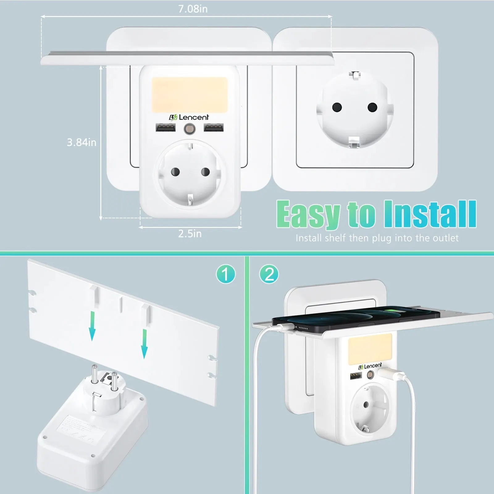 LENCENT EU Plug Wall Socket 1 AC Outlet 2USB Ports Wall Charger Adapter Rack Adjustable Nigh Light for Home/Office