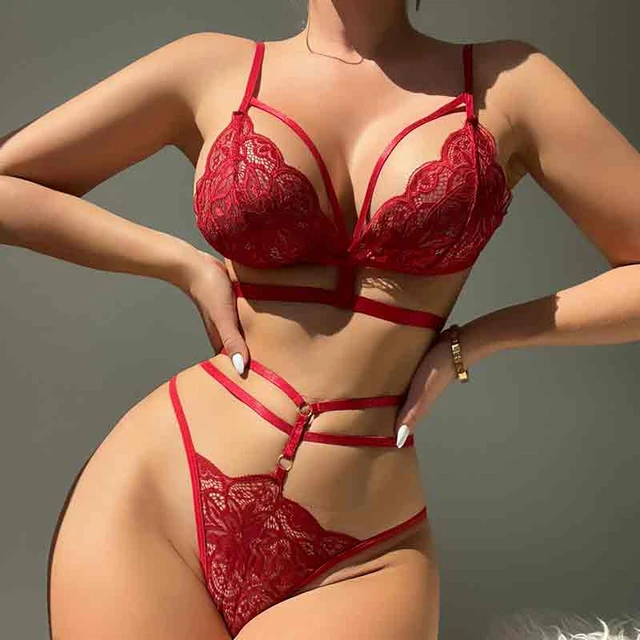 Sexy Crotchless Lingerie Women Lace Hollow Bra Set Erotic Costume