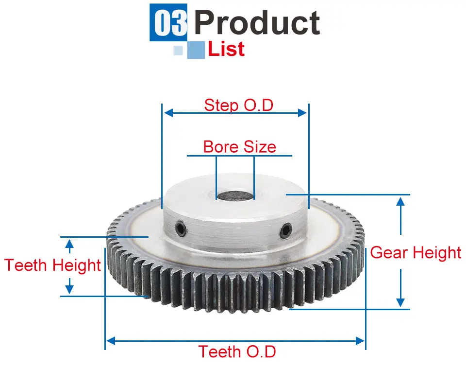 Description Picture 5 of item1 Piece 1M45T Spur Gear Bore Size  6/8/10/12/16 mm Motor Gear Low Carbon Steel Material High Quality Metal Gear For Motor