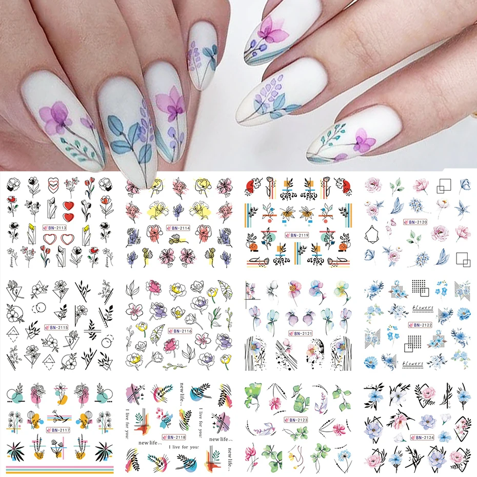 Nail Stickers 12pcs Geometry Flower Leaf Line Graffiti Painted Colorful Water Decal Link Blooming Slider for Nail Decoration