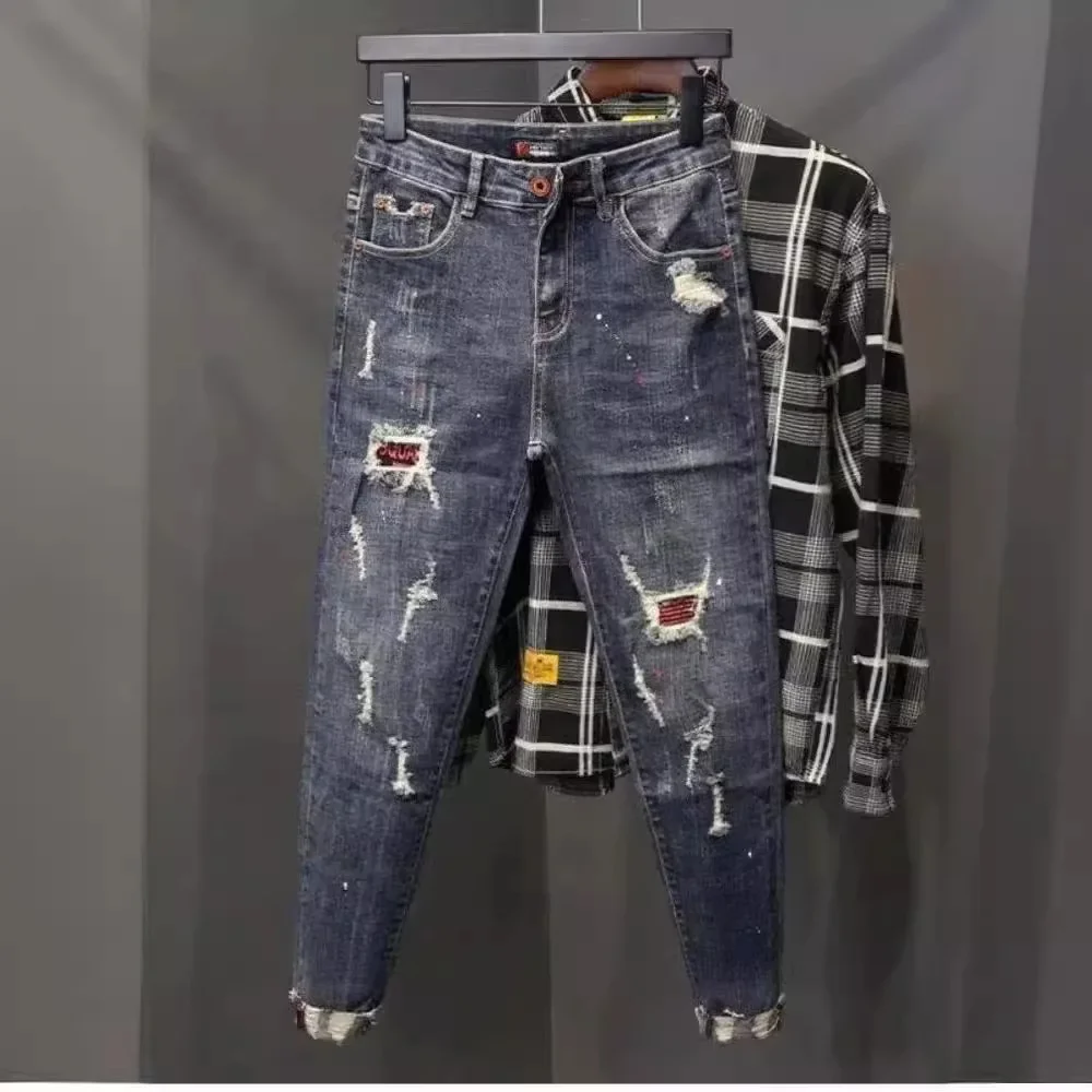 Spring Season Men's Jeans Deep Blue Slim Fit Korean Style Slims Smooths Your Silhouette Trendy Men's Wear Ripped Pants men jeans ripped jeans ripped patchwork jeans