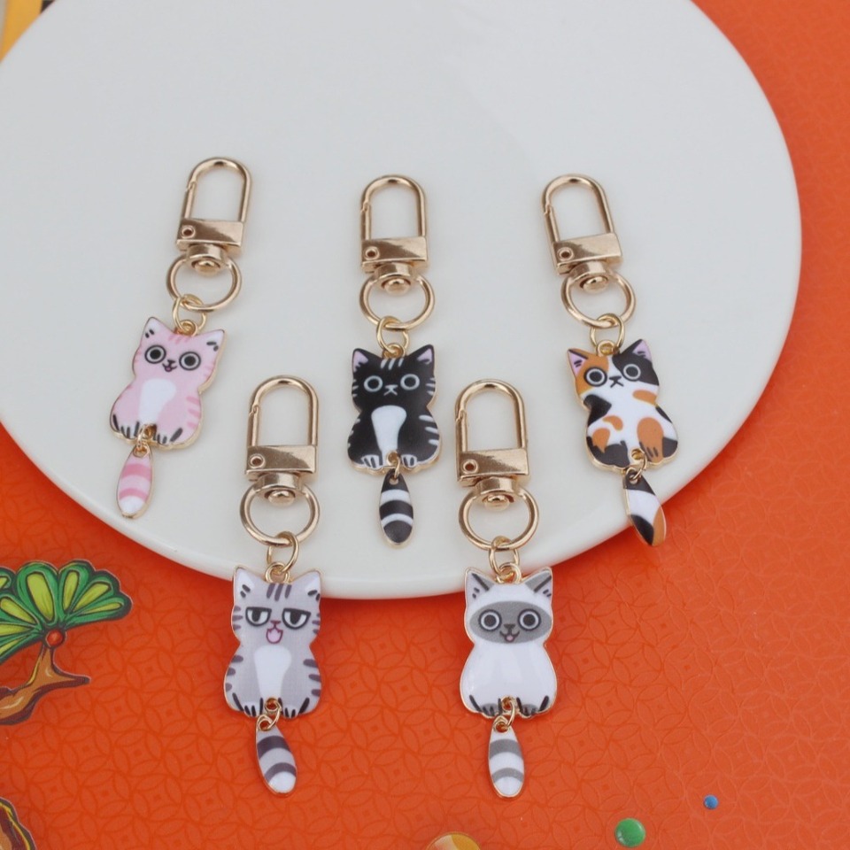 Originality Metal Cat Color Small Pendant Keychain Printing Personality Keyring Animal Cute Backpack Buckle Key Chain Ring Gift