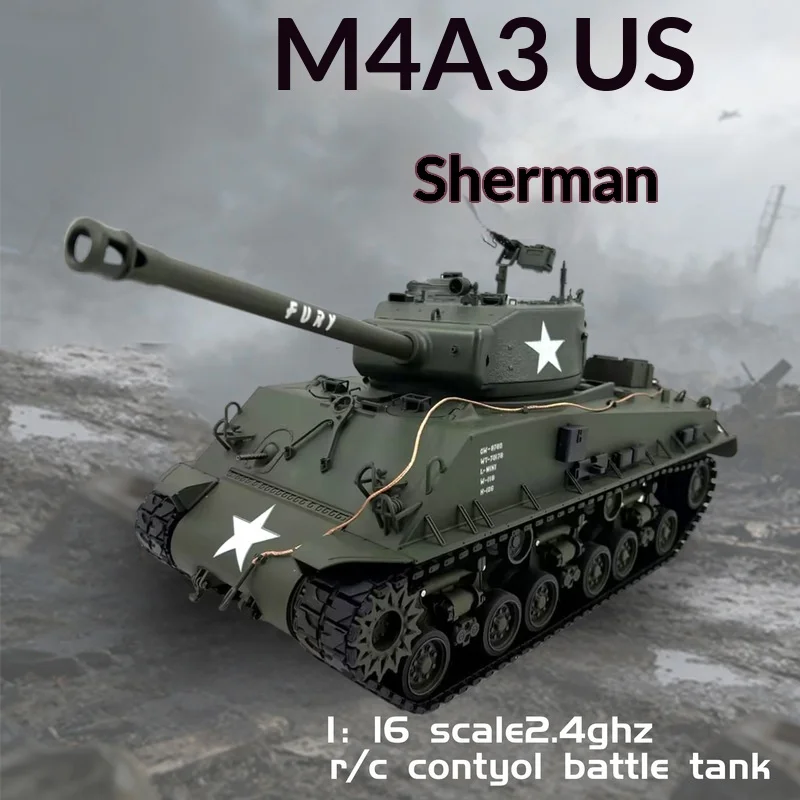 RC 배틀 탱크 M4A3 US 셔먼 퓨리 2차 세계대전 군사용 1/16 스케일 2.4GHz 무선 조종 장갑차 성인 취미 수집가용