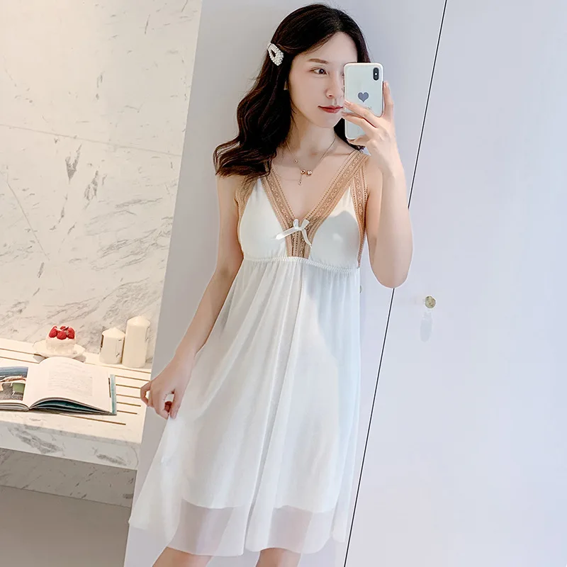 The new mesh midi skirt is a homely style with a champagne-colored lace two-piece nightdress with chest pads