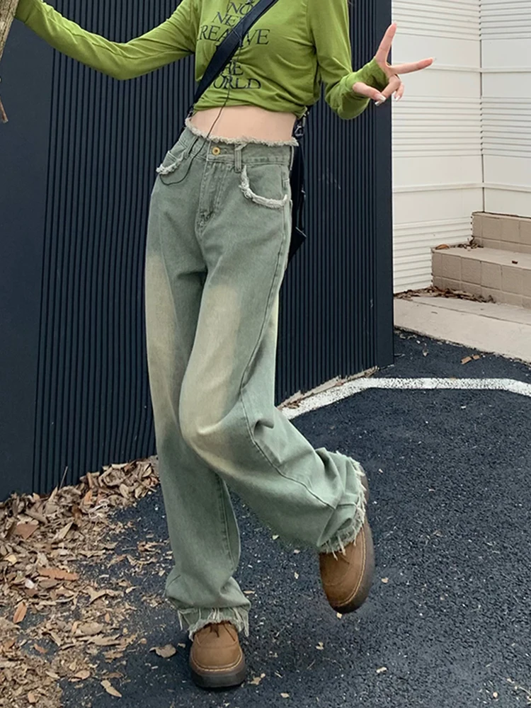 

Vintage Green Women's Jeans Fashion Trousers Streetwear High Waist Wide Leg Summer Y2K Baggy Casual Straight Mom Denim Pants