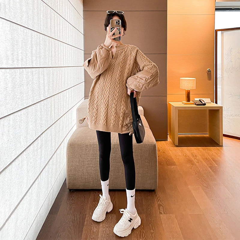 2723# Autumn Winter Fashion Cotton Padded Patchwork Sweaters Maternity Coats Chic Ins Tops for Pregnant Women Pregnancy Jackets