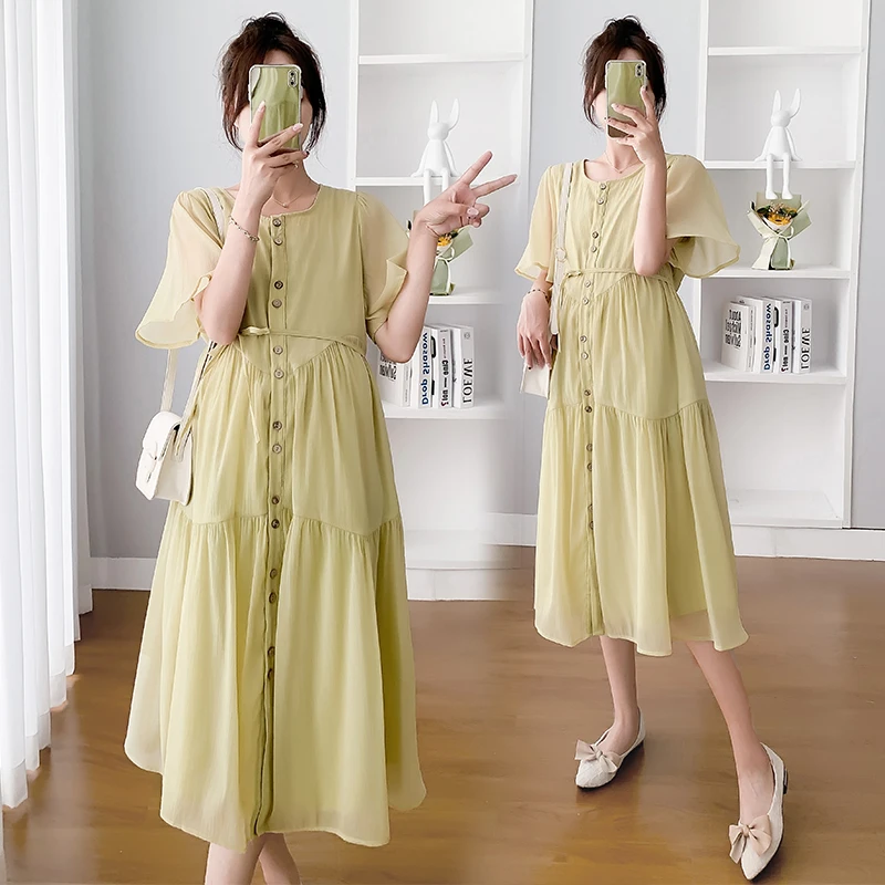 

Sweet Maternity Summer Dress Short Sleeve Single-breasted Pregnant Woman Chiffon Dress With Belt Double Layers Pregnancy Dress