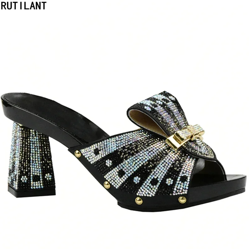 

New Arrival Black Color Italian Ladies Rhinestone Women Shoes Nigerian Women Wedding Shoes High Quality Italy Women Party Shoes