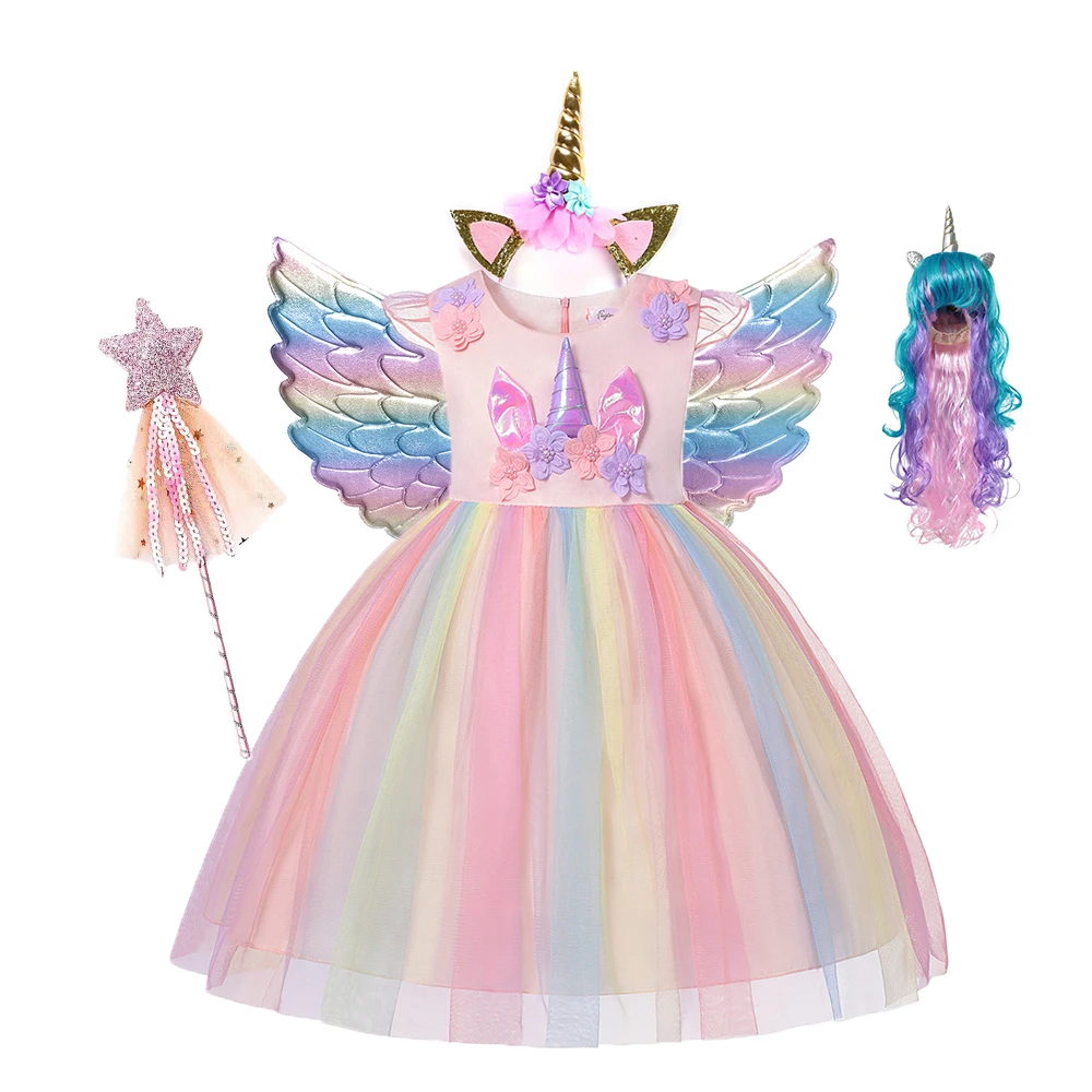 

Kids Unicorn Dress for Girls Flower Rainbow Princess Fancy Birthday Party Dress Halloween Perform Costume Unicorn Girl Dress