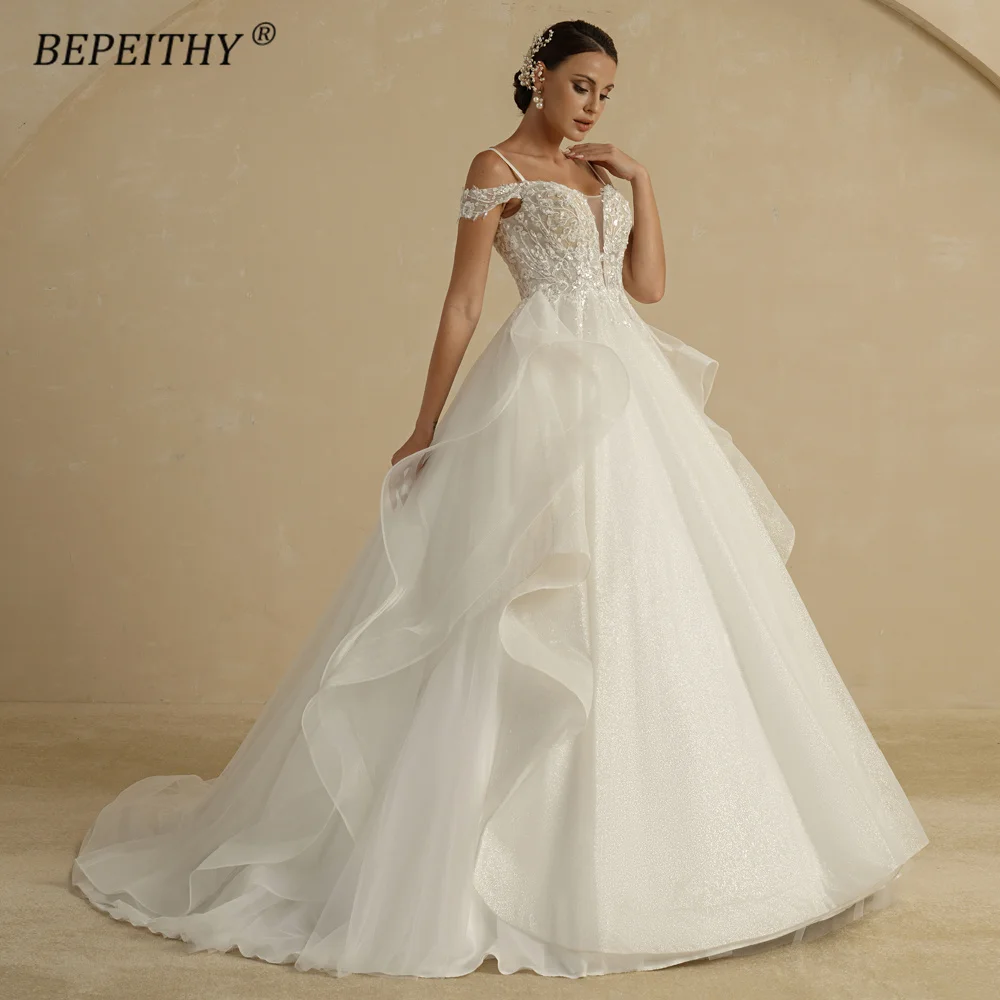 BEPEITHY Customized Glitter A Line Wedding Dresses For Women 2022 Bride Off The Shoulder Sweep Train Ruffles Lace Bridal Gown 1
