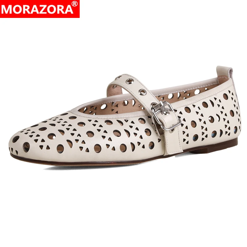 MORAZORA 2024 New Genuine Leather Shoes Women Flats Mary Janes Hollow Spring Summer Fashion Ladies Office Dress Shoes