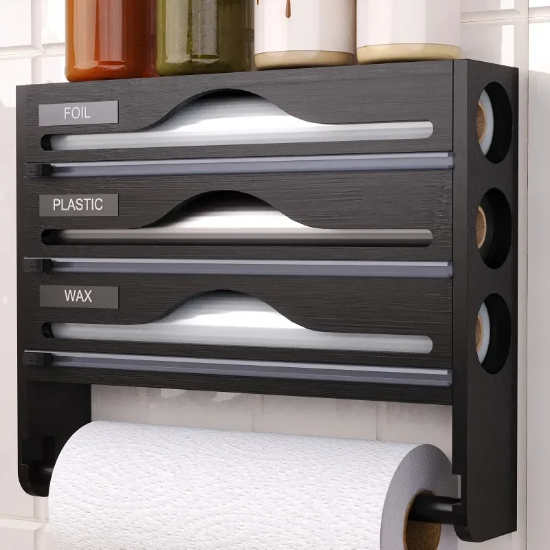 Bamboo Dispenser with Tissue Holder 3-Tier Kitchen Organizer for Foil Plastic Wrap Wax Built-in Cutter Storage Rack Home Use