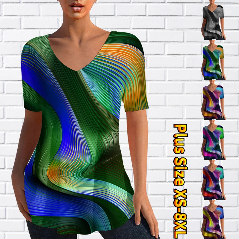 

Летняя трендовая футболка, новый дизайн, пуловер с принтом, свободный женский сексуальный топ с V-образным вырезом, повседневный модный топ с коротким рукавом