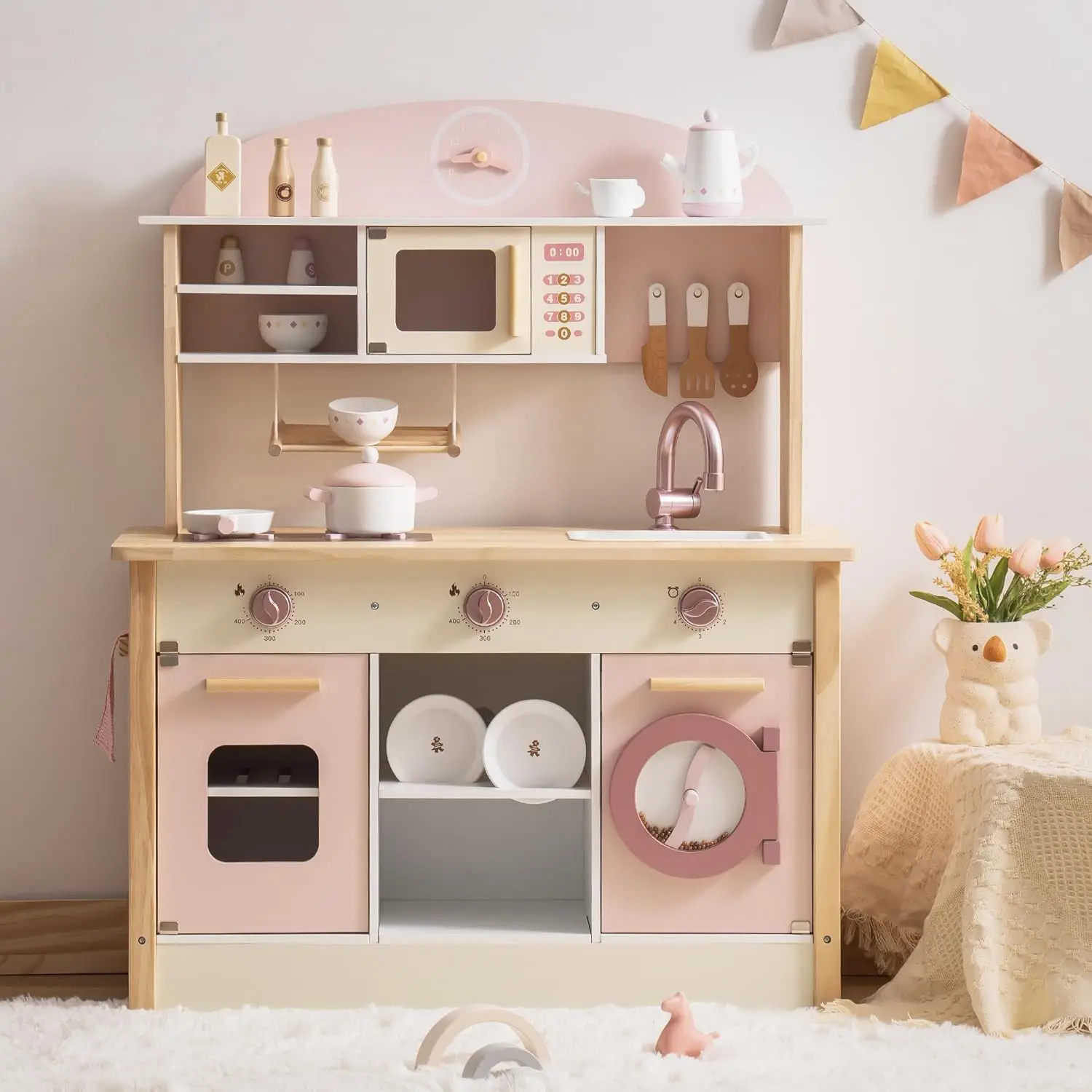 Robotime Wooden Play Kitchen Set Pretend Play Kitchen Wooden Toy Set with Dishwasher for Boys and Girls Ages 3 Brown Blue Pink