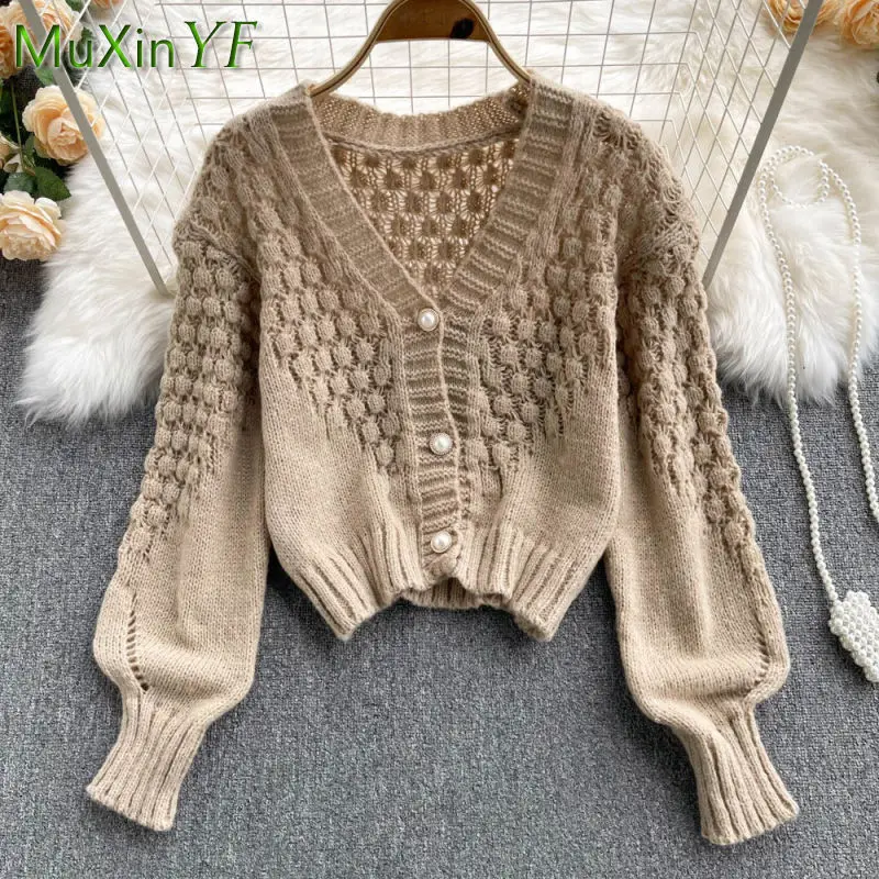 

Knitted Sweater Coat Women's Autumn Winter 2024 New Elegant V-neck Hollow Short Cardigan Blouse Korean Fashion Female Clothing
