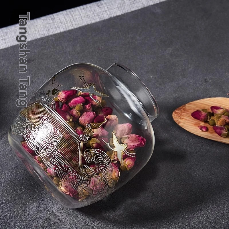 Tea Cans solid wood lid copper buckle sealed Pu'er loose tea green storage Rongshantang Ruihetu gold and silver fired glass