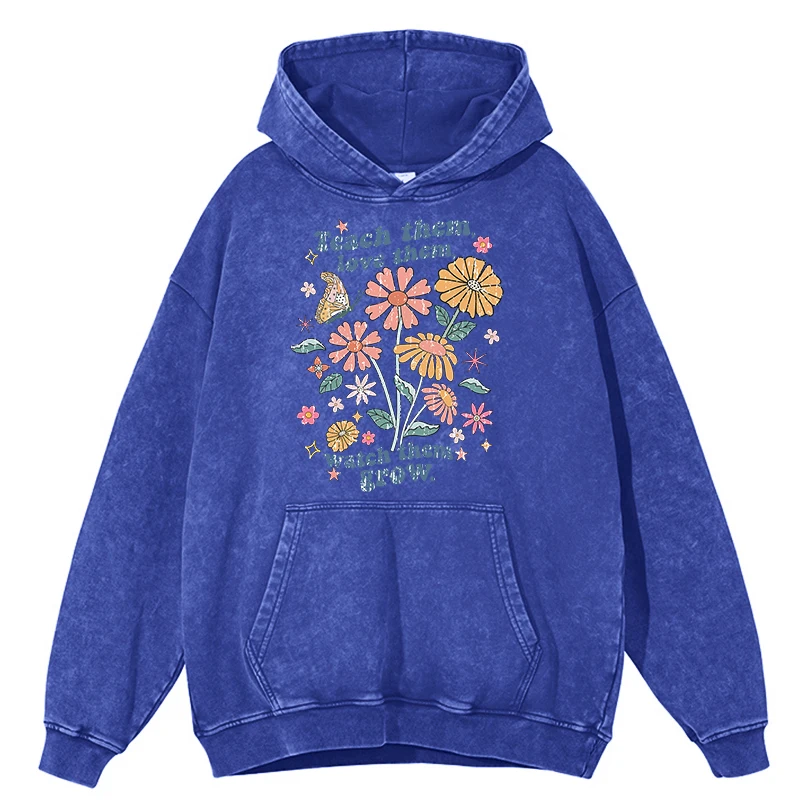 thumbnail image 1 of Sudadera con capucha retro desgastada con lavado "Enséñales a amarlos, míralos crecer" para hombre, sudadera de moda de otoño, 100 % algodón, ropa con capucha cálida, 1 of 5