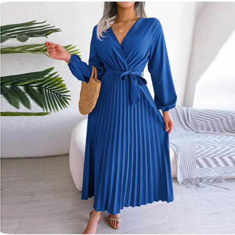 

Women's New Solid Color Long Sleeve Tied High Waist Pleated Large Skirt V-neck Dress Gzxizhi