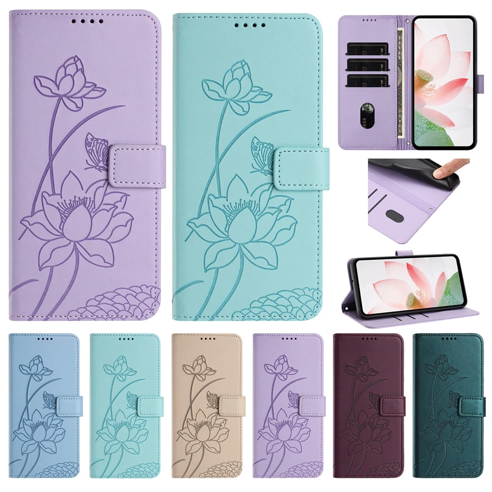 Luxury Lotus Leather Flip Phone Case, Premium Back Cover