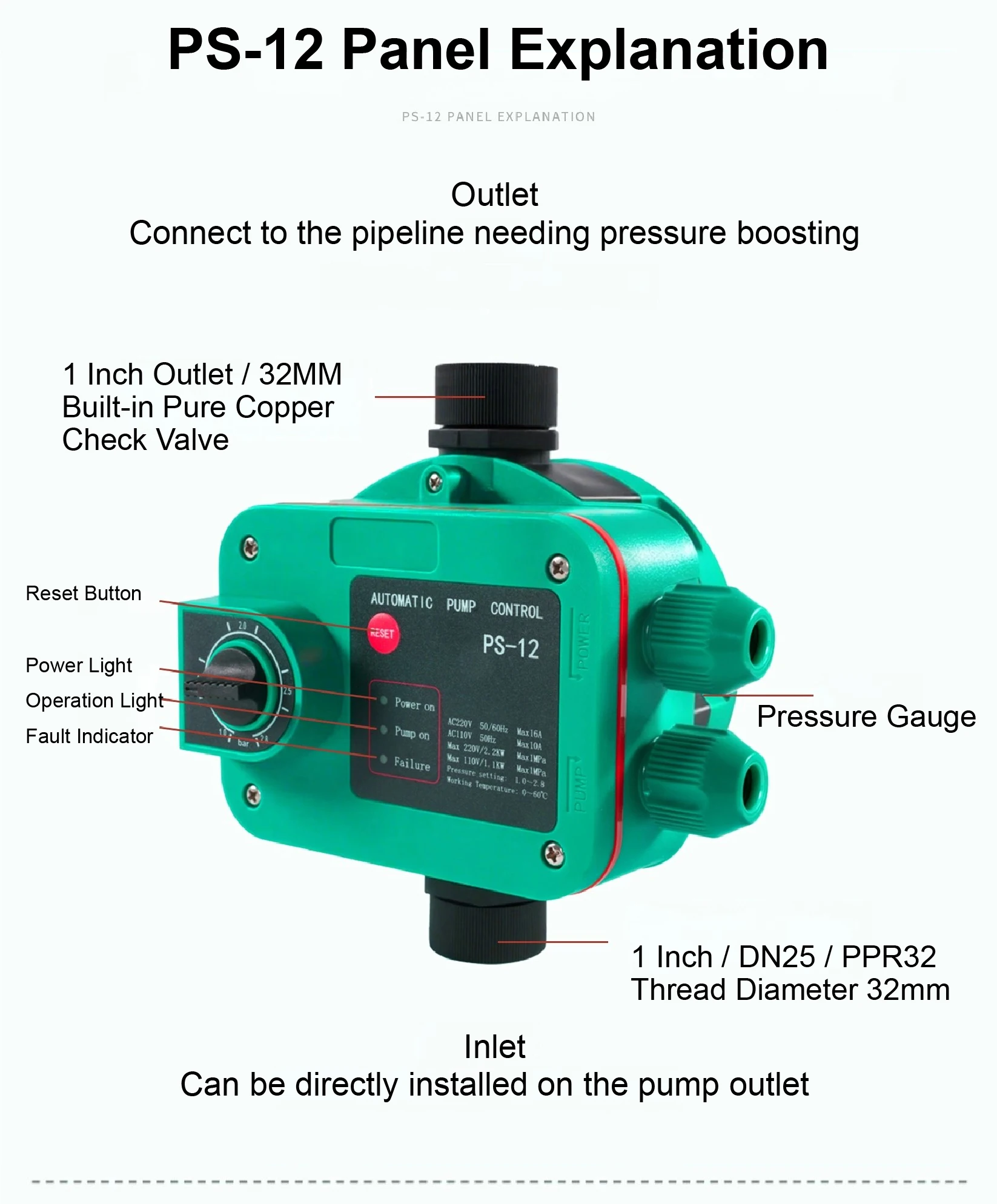 S18 Water Pump Pressure Controller Adjustable Pressure Automatic Switch Pipeline