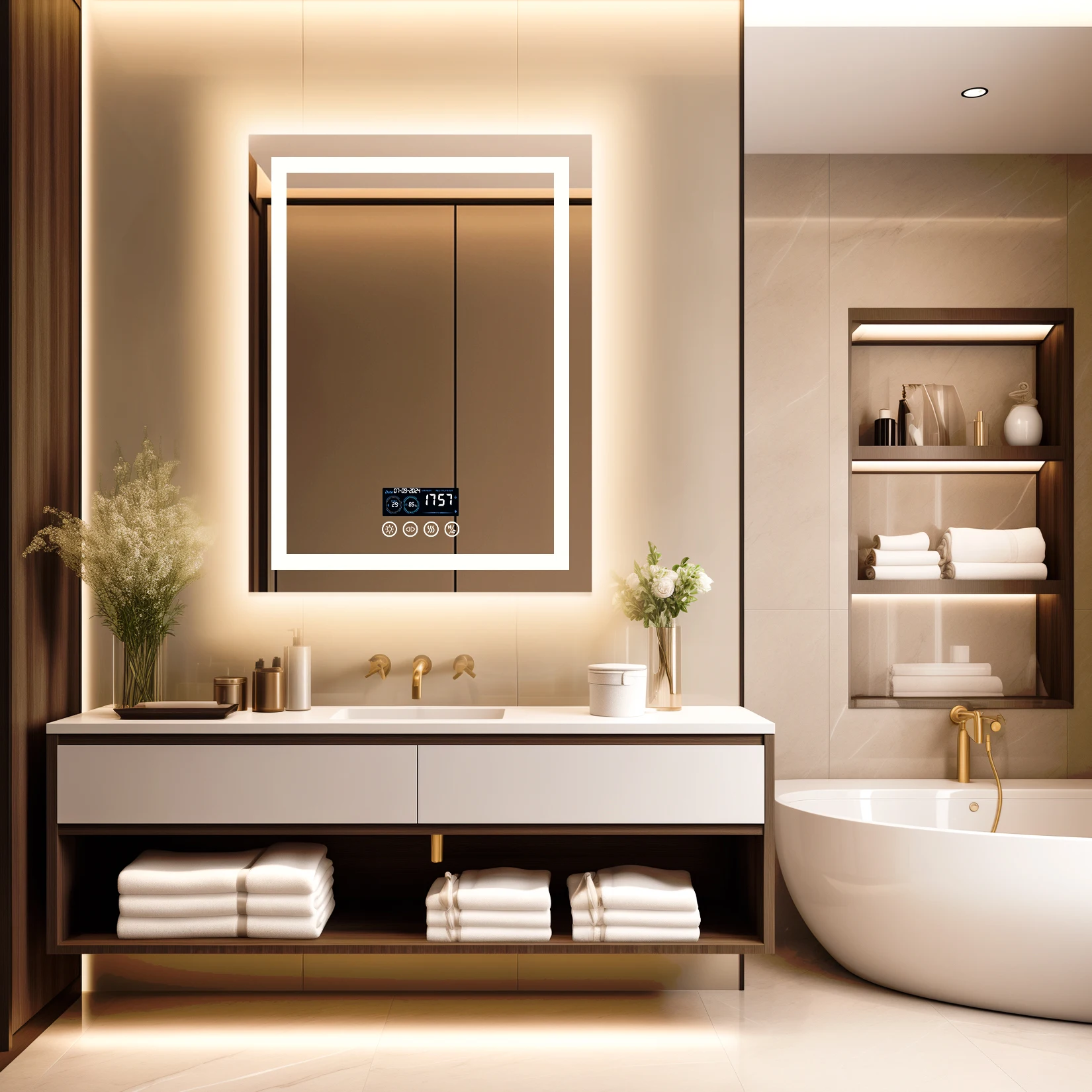 wisfor 24 x 32 LED Bathroom Mirror with Bluetooth Smart Display Screen,Touch Button 3 Colors Dimmable Light, Anti-Fog, Memory
