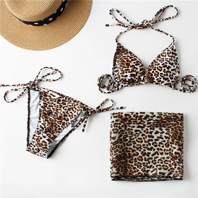 Printed Leopard 3 Three Pieces Set Swimsuit Women Swim Sexy Feminin Bikini Low Waist Swimwear Long Sleeve Bather Bathing Suit