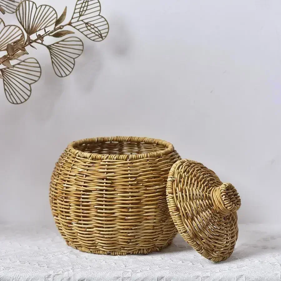 Hand-woven Oval Pumpkin Basket Desktop Sundries Storage Jar Lid Imitation Rattan Retro Storage Wicker Basket Plant Flower Basket 6