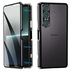 Metal Frame 360° Protective Magnetic Double-Sided Tempered Glass Case for Sony Xperia 1 VII (Black)