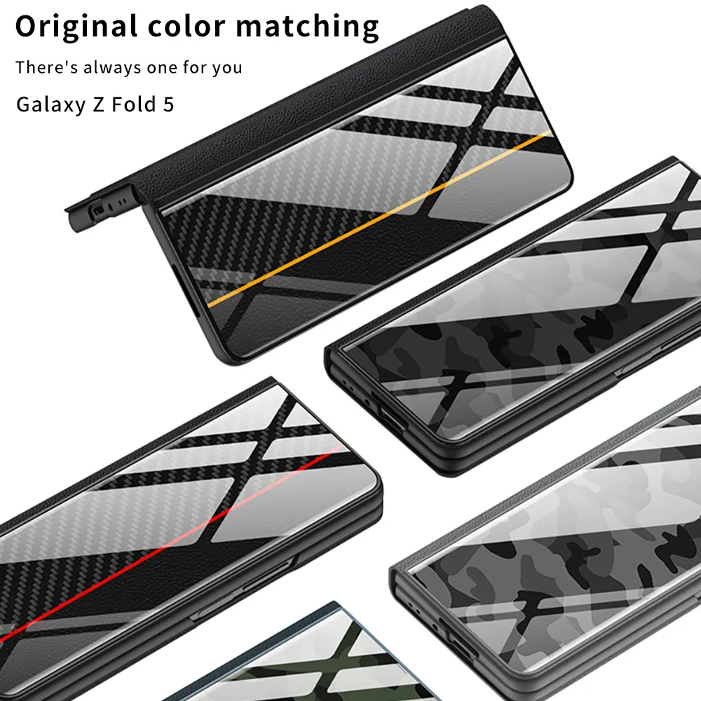 For Samsung Galaxy Z Fold 5 Case Leather & Fashion pattern Glass Hard Back Flip Cover for Galaxy Z Fold5 5G Funda