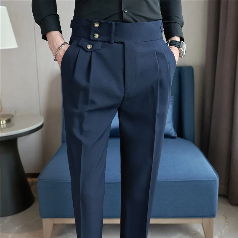 High Waist Men Suit Pants 2023 British Style Casual Dress Pants