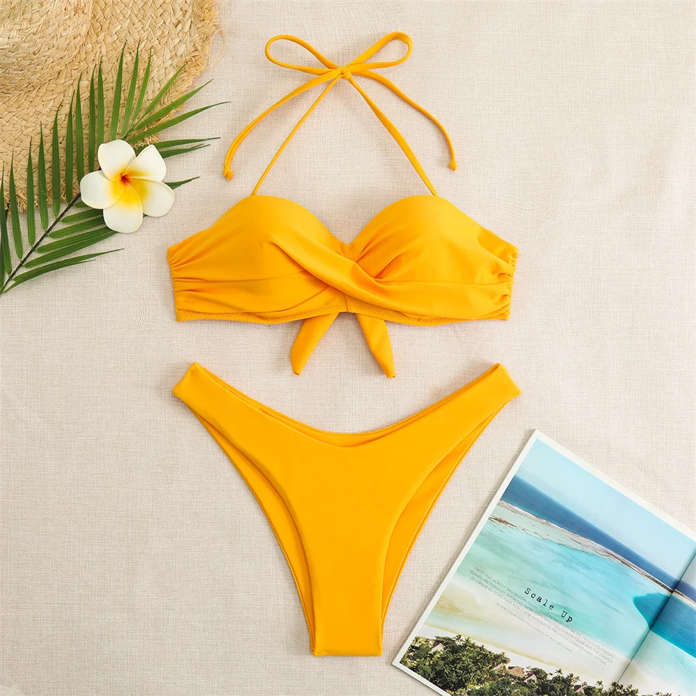 maillot de bain, bikini, Y2K, bandeau torsadé, push-up, taille haute,