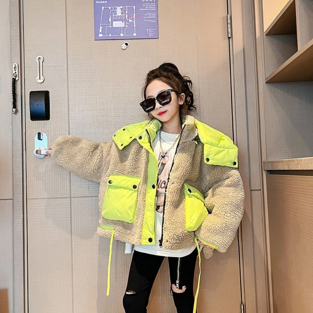 

Korean Boys Girls Cargo Lamb Hair Spliced Cotton Padded Thicken Warm Coats Fashion New Casual Hooded Pockets Design Outerwear