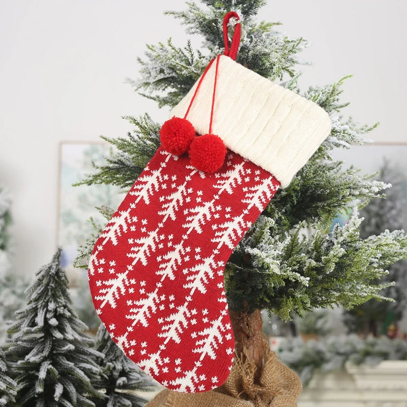New Knit Christmas Stockings - Red/White Reindeer Pattern Gift Bags for Kids, Holiday Decor with Plush Yarn for Fireplace Mantle