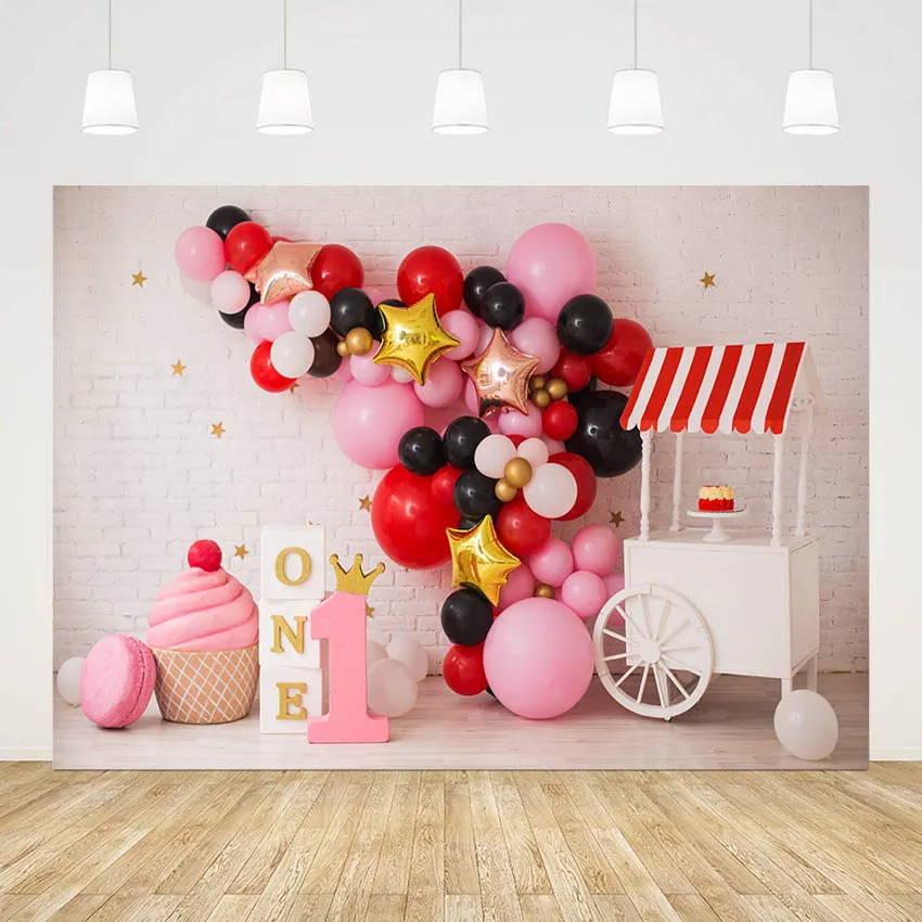 

Mehofond Cup-cake Macaron Stand Photography Background Pink Balloons Girl 1st Birthday Cake Smash Decor Backdrop Photo Studio