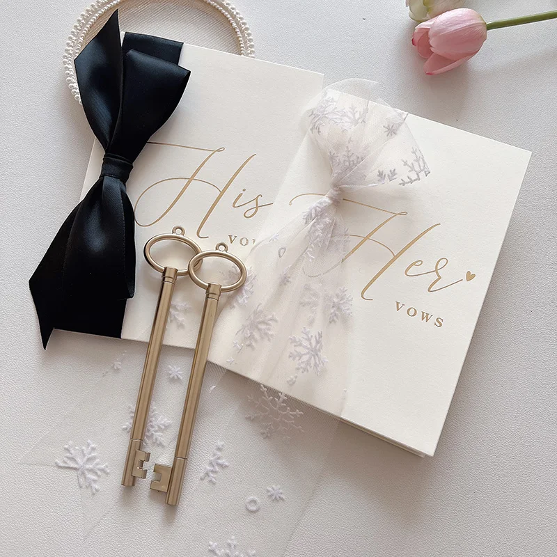 

2Pcs Bronzing Vows Card With Silk Chiffon Ribbon Marriage Vows Oath Book Love Guarantee Promise Letter Wedding Favors Party