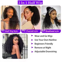 Demi-perruque cheveux humains crépus bouclés perruque cheveux humains prêt à porter 3 en 1 demi perruque avec cordon 200 densité bouclés demi-perruques 16 pouces 3