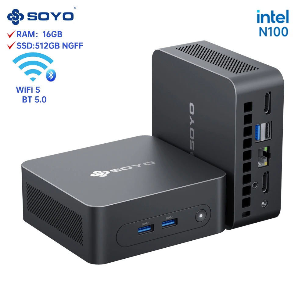 thumbnail image 1 of Computadora de escritorio SOYO M2 PLUS 2 Mini PC Intel Alder Lake N100 Windows 11 Pro Mini PC 16 GB DDR4 512 GB PCIe M.2 SSD WiFi 5 BT5.0, 1 of 4