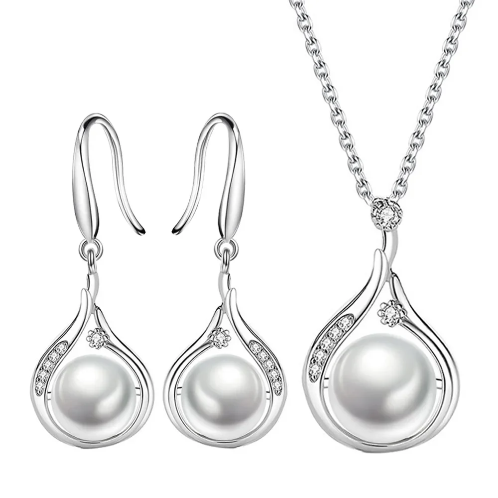 925 Sterling Silver Pearl Pendant Elegant Jewelry Sets For Women Earring Necklace Luxury Quality Jewellery Wholesale Accessories - 2