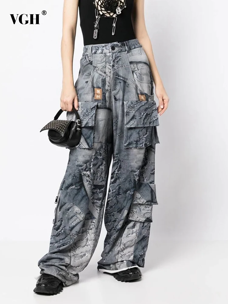 

VGH Casual Loose Cargo Pants For Women High Waist Patchwork Pockets Printing Streetwear Wide Leg Pant Female Fashion Clothing