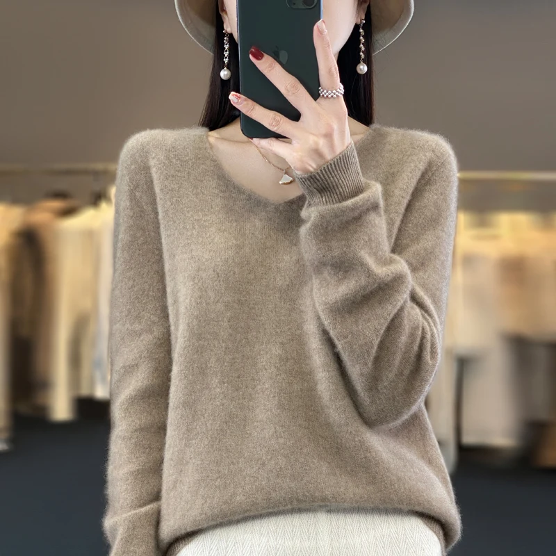 2024 autumn and winter new 100% pure wool cashmere sweater women's V-neck pullover fashion solid color long sleeve pullover. 5
