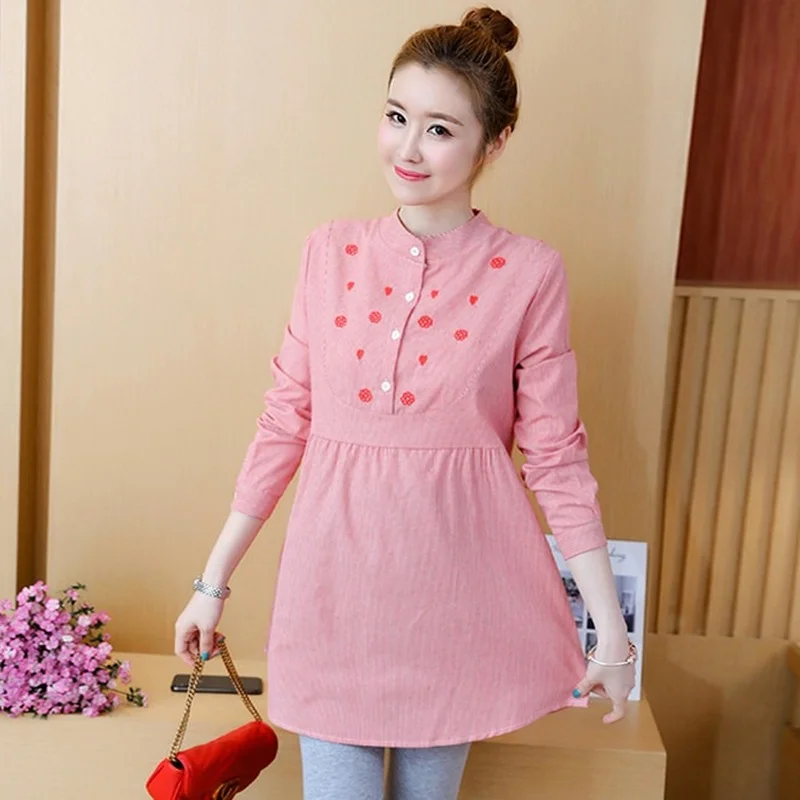 Maternity Tops Women Spring Embroidery Striped Ties Waist Long Sleeve Blouses Shirts for Pregnant Women