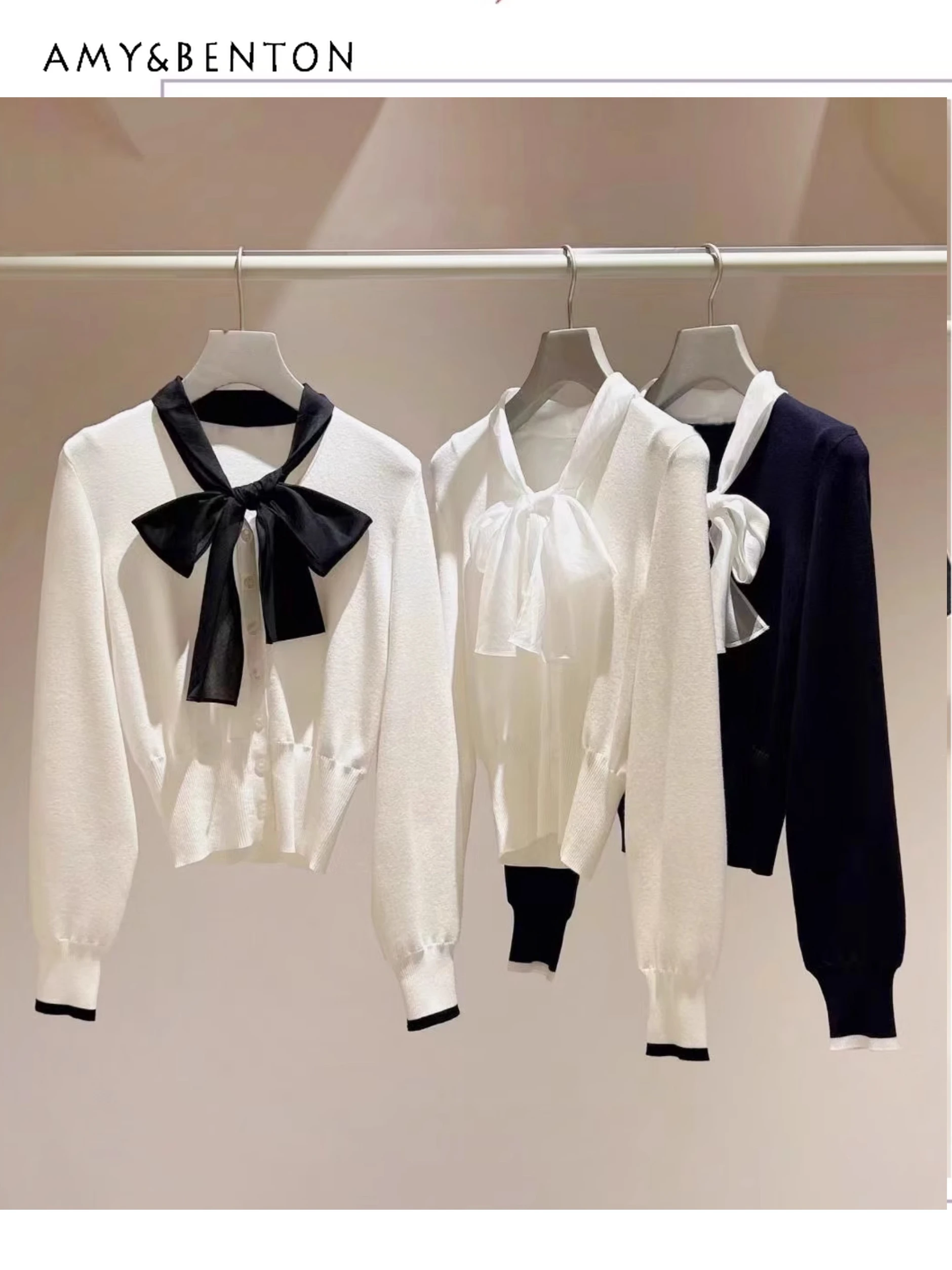 

Spring Summer New Sweet V-neck Bow Lace Patchwork Knitted Cardigan Women Japanese Commute Style Fashion Short White Cardigan