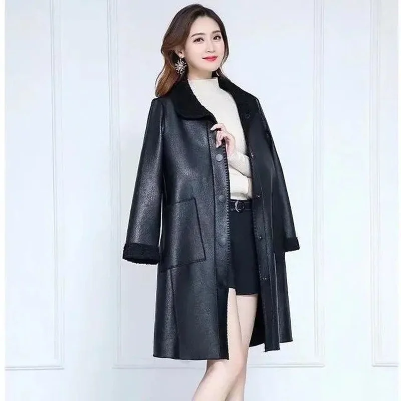 Mid-length PU Leather Jacket Women 2022 New Fashion Plus Velvet Thicken Fur Coat Casual Solid Color Loose Jacket 2023 tie dye velvet mid length blazer suit women fashion print single button blazer coats casual loose commute formal clothing